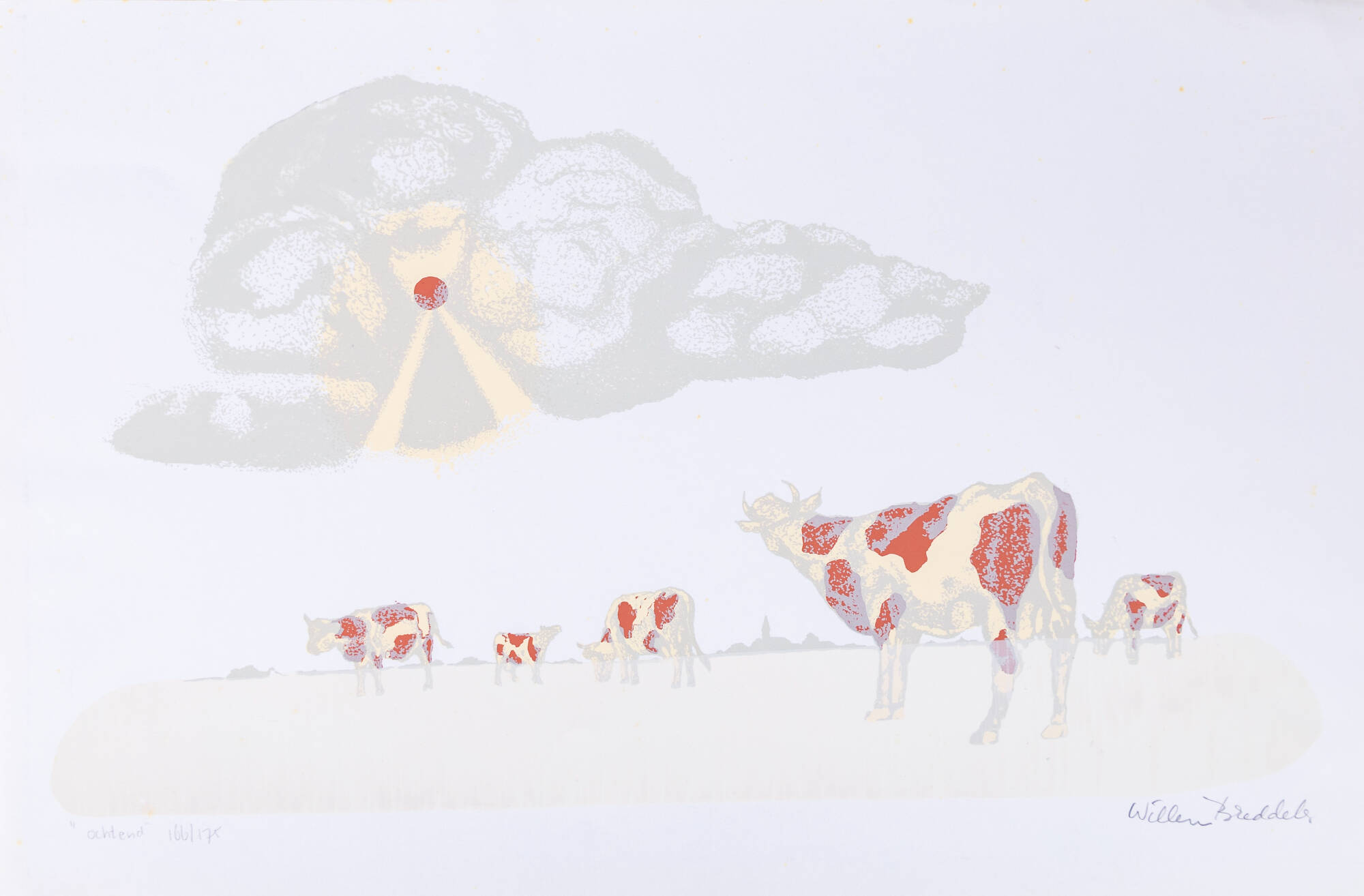 Print of cows in a field with light beams coming from a cloud above them.